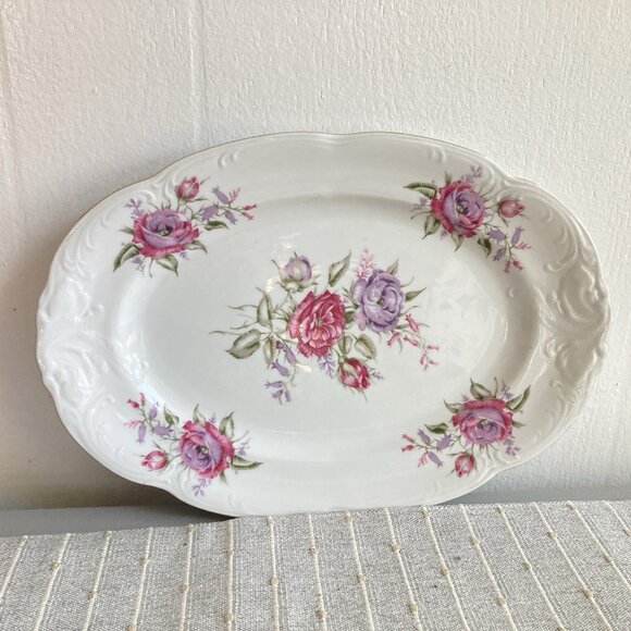 FAVOLINA Poland SERVING PLATTER Roses 13” Oval Gold Trim Cottagecore   Farm - Picture 5 of 9